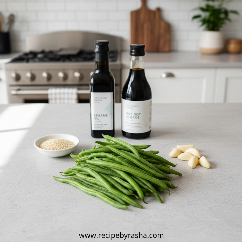 Fresh green beans, sesame oil, soy sauce, garlic, and sesame seeds arranged on counter