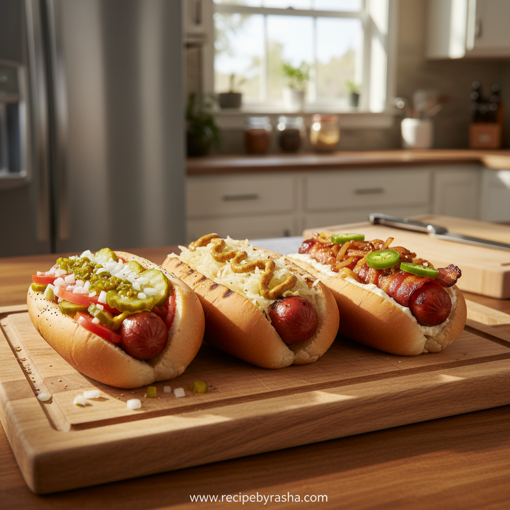 American hot dog styles infographic featuring Chicago, New York, Seattle, Carolina, Kansas and Cincinnati variations