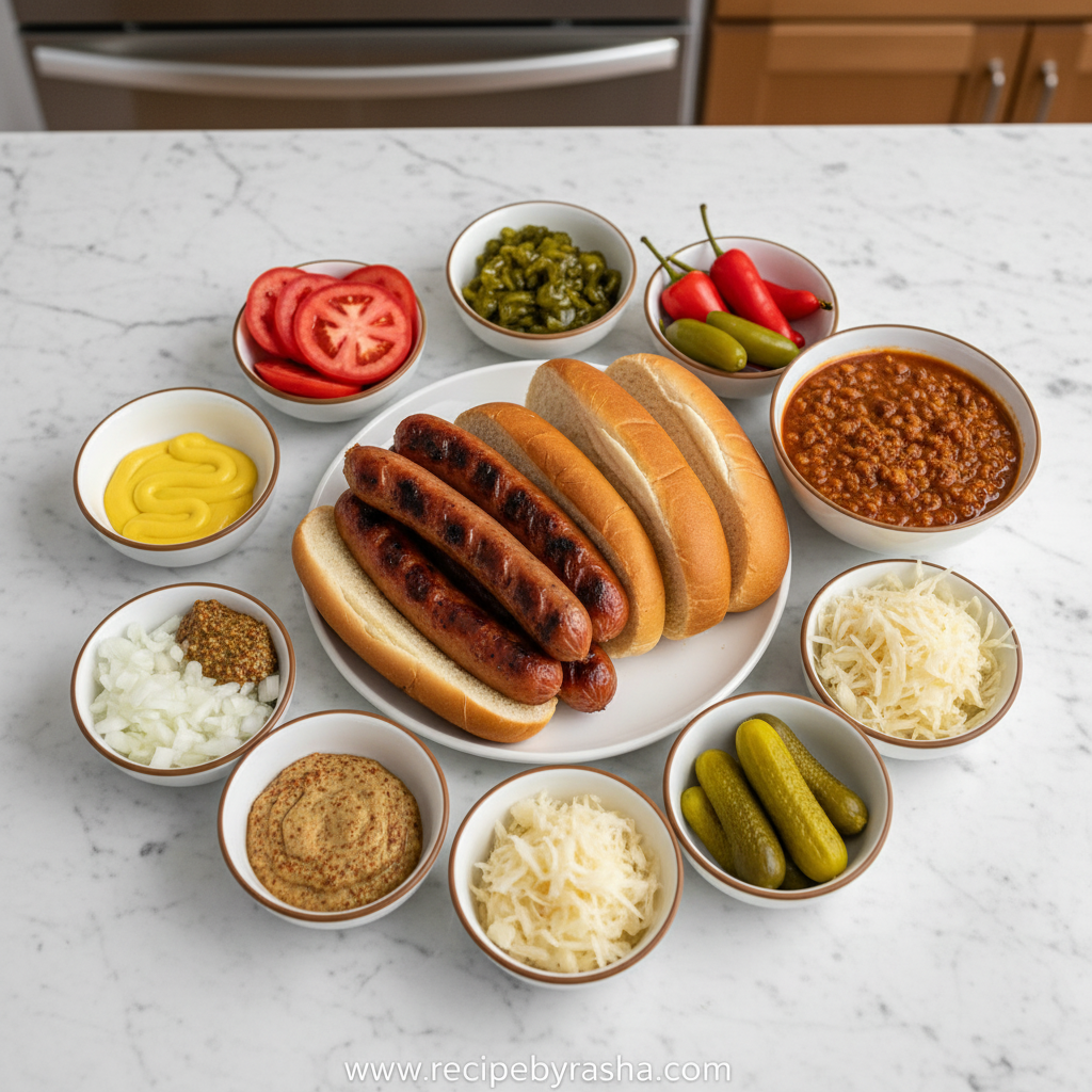Ingredients for various American hot dog styles arranged artistically