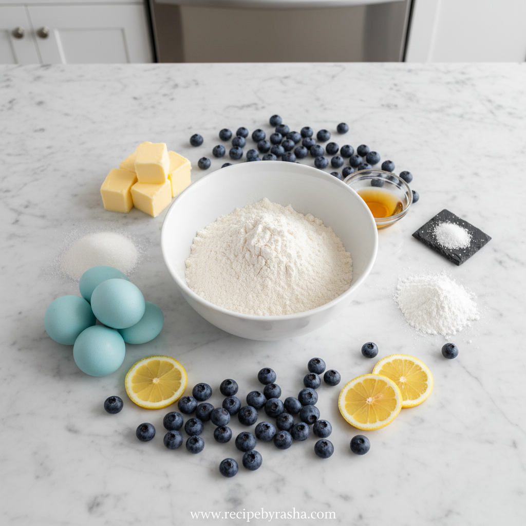 Ingredients for lemon blueberry loaf including flour, eggs, butter, sugar, blueberries and lemons
