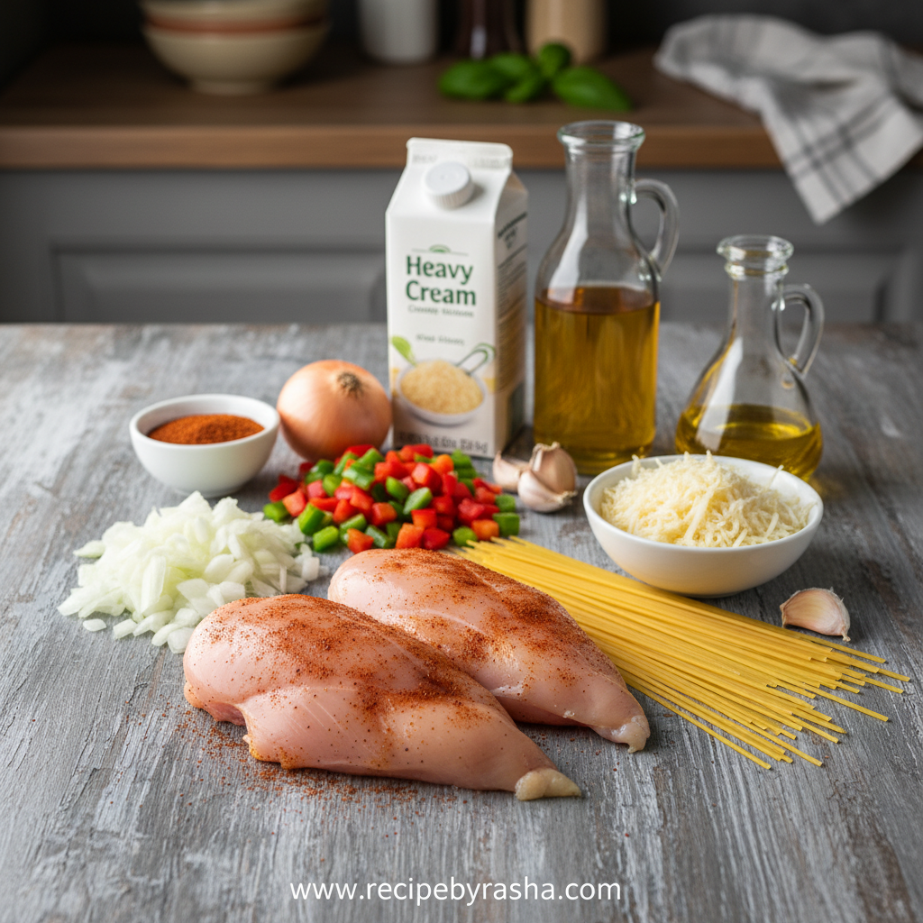 Ingredients for creamy Cajun chicken spaghetti arranged on wooden surface