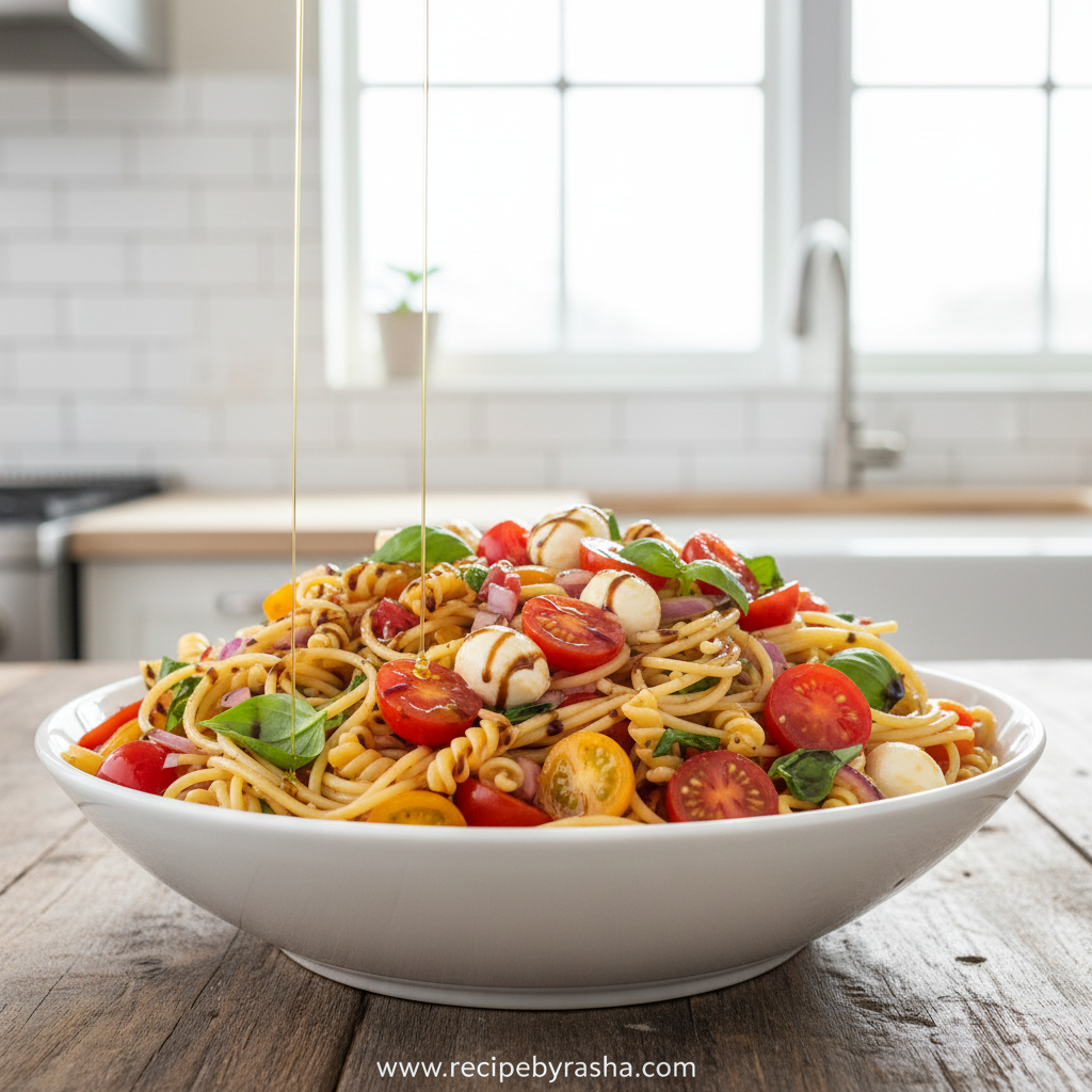 Ultimate Bruschetta Pasta Salad: Fresh Italian Summer Recipe 1 Colorful bruschetta pasta salad with fresh tomatoes, mozzarella and basil