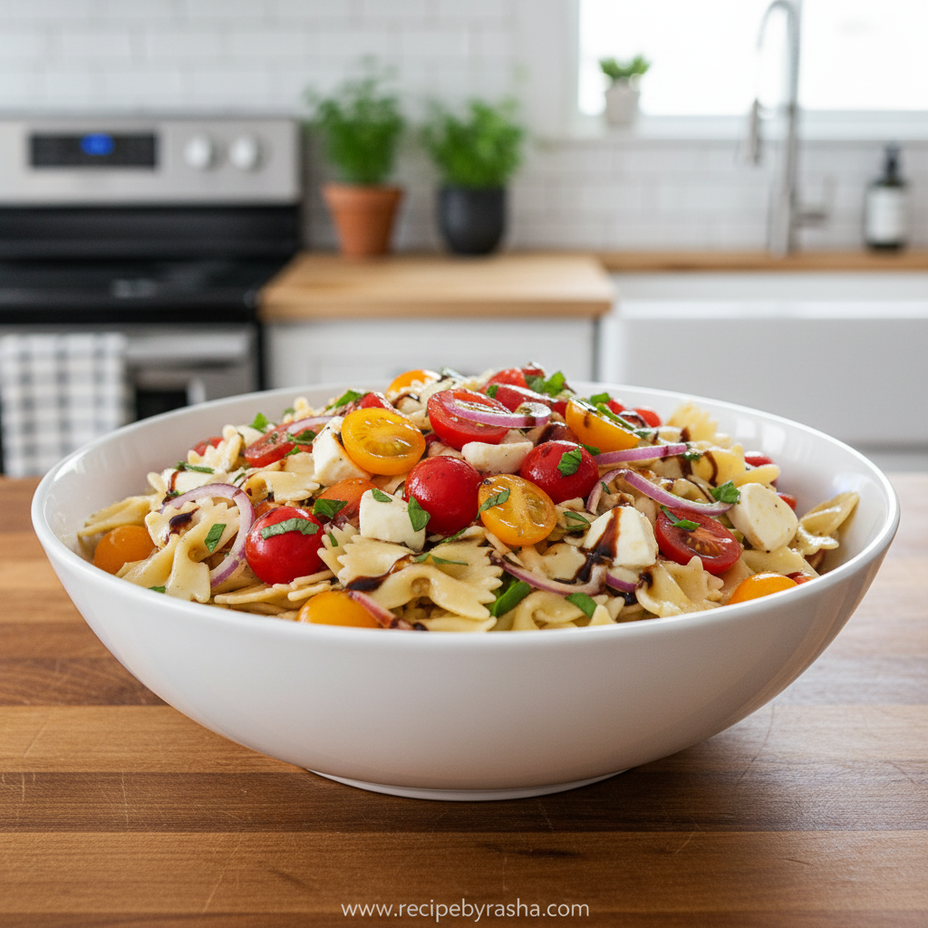 Fresh Bruschetta Pasta Salad: Easy Summer Recipe with Basil & Mozzarella 1 Fresh bruschetta pasta salad in a beautiful serving bowl