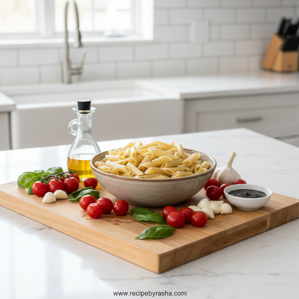 Ultimate Bruschetta Pasta Salad: Fresh Italian Summer Recipe 2 Ingredients for bruschetta pasta salad laid out beautifully