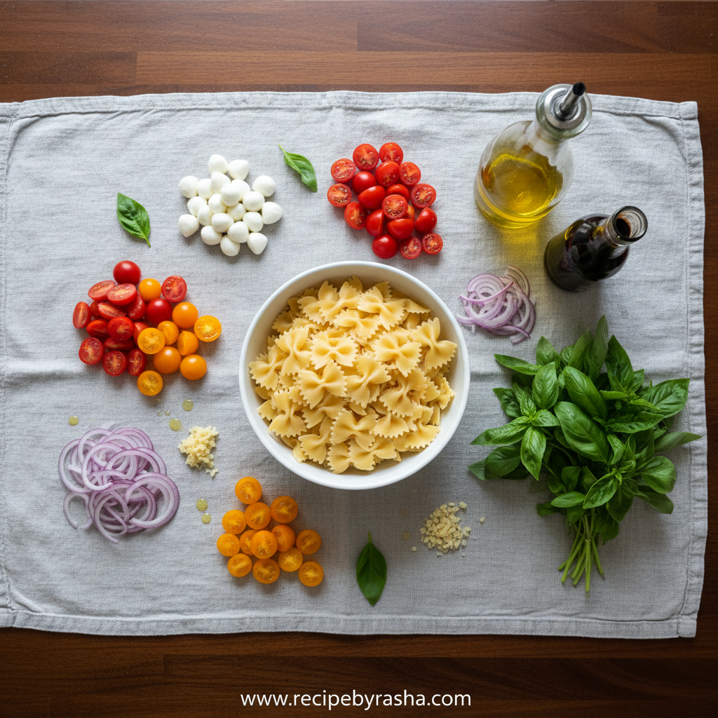 Fresh Bruschetta Pasta Salad: Easy Summer Recipe with Basil & Mozzarella 2 Ingredients for bruschetta pasta salad on a wooden counter