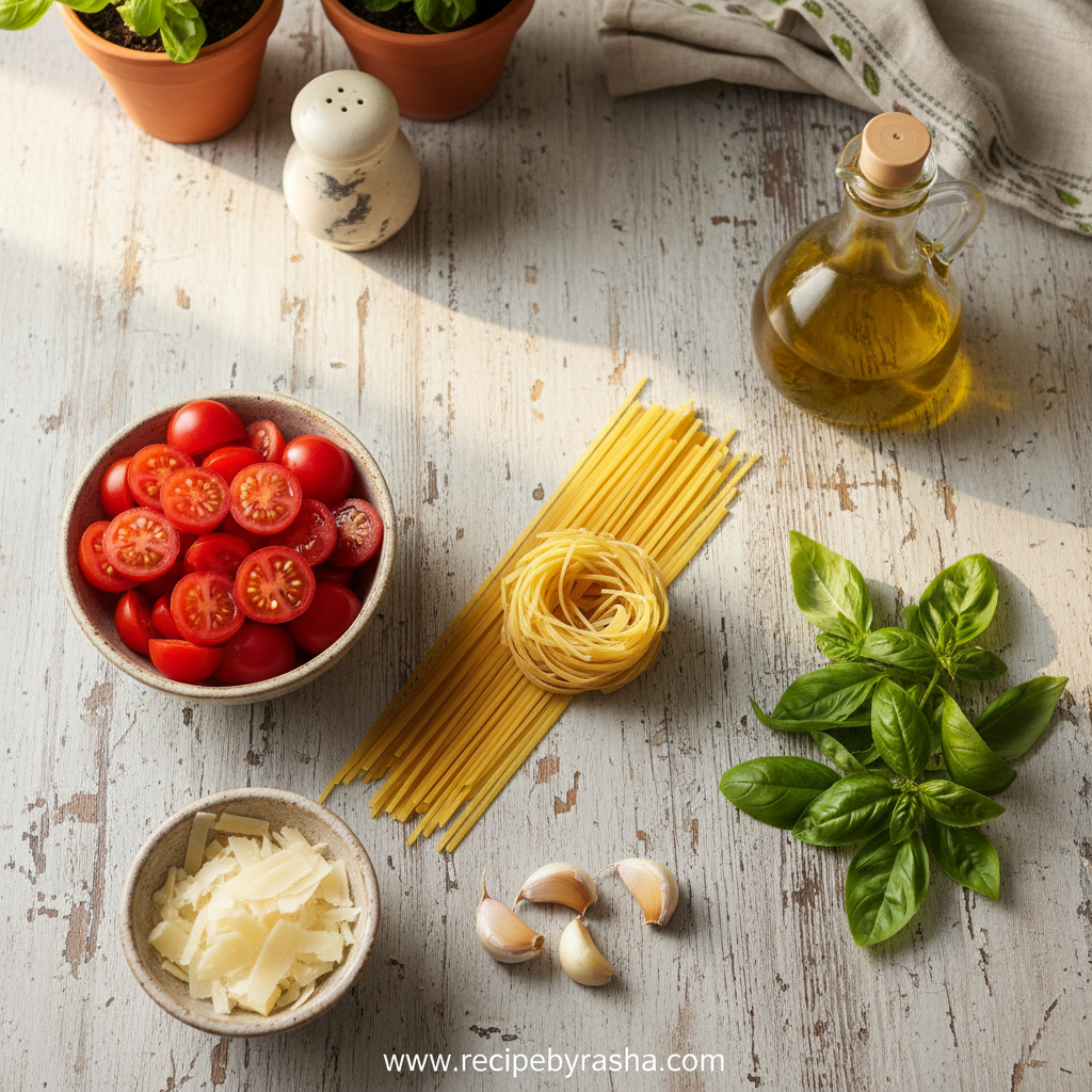 Fresh ingredients for bruschetta pasta including tomatoes, garlic, basil, pasta, olive oil