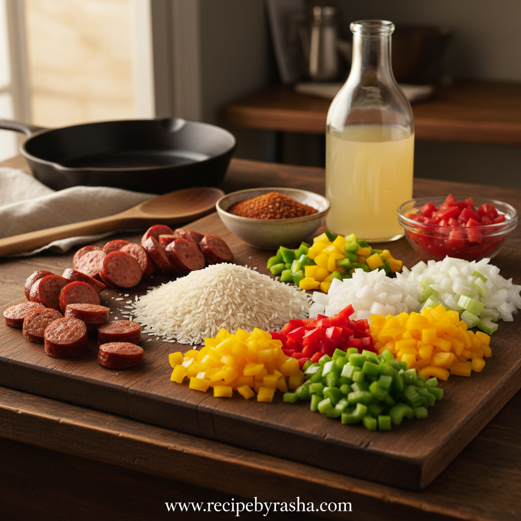 Ingredients for Cajun sausage rice skillet