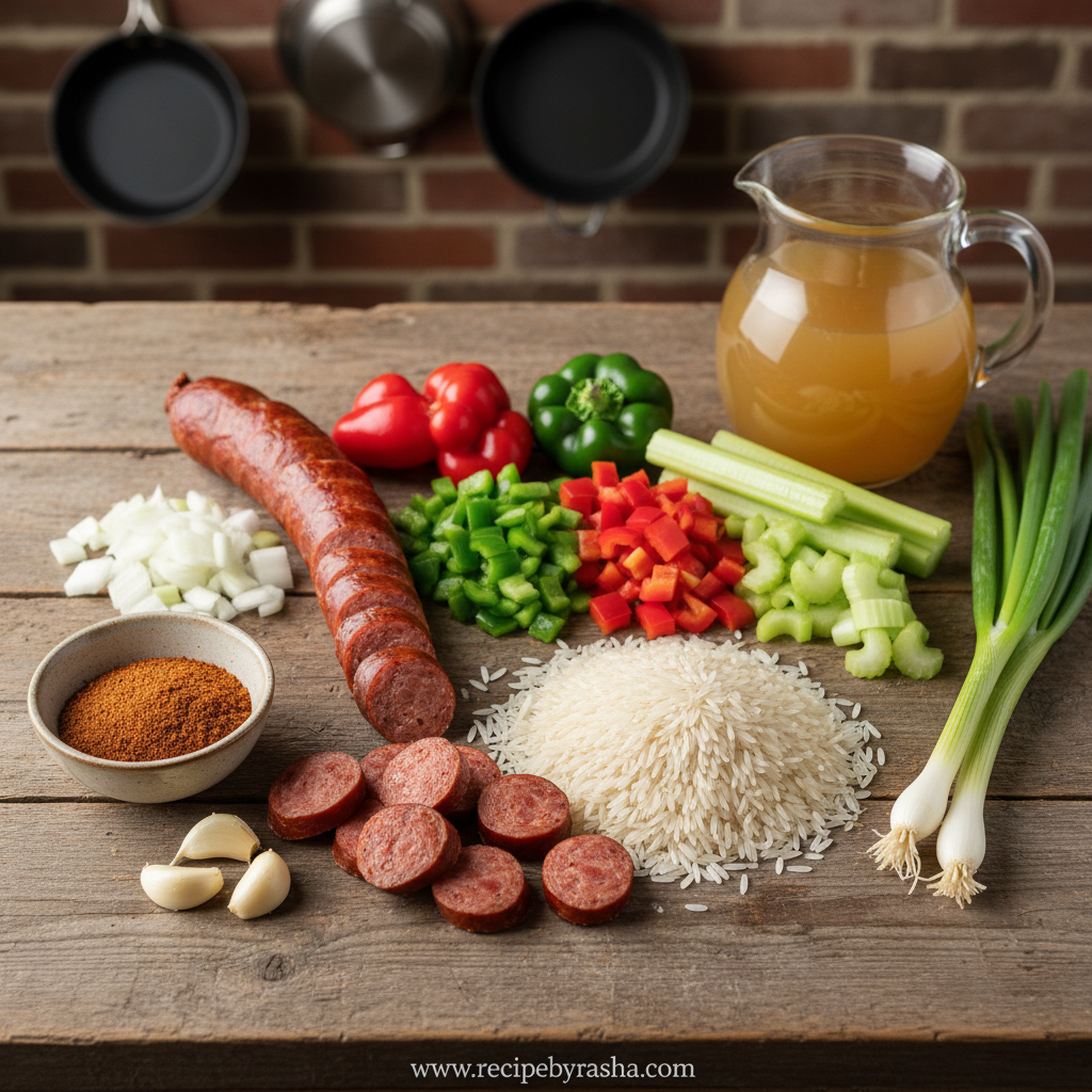 Ingredients for Cajun sausage rice skillet