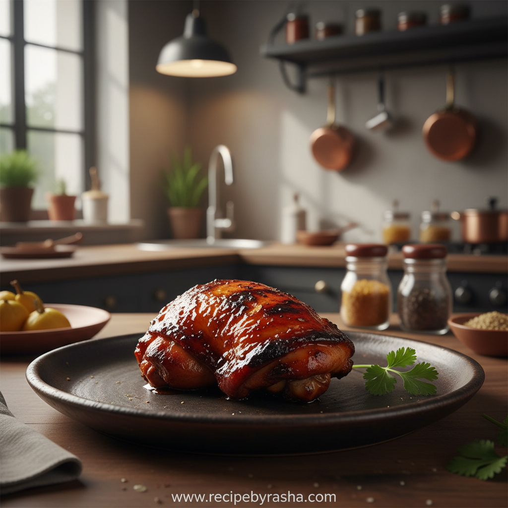 Caramelized BBQ Chicken Thighs - Quick Juicy Oven-Baked Dinner 1 Caramelized BBQ chicken thighs with sticky glaze on baking sheet