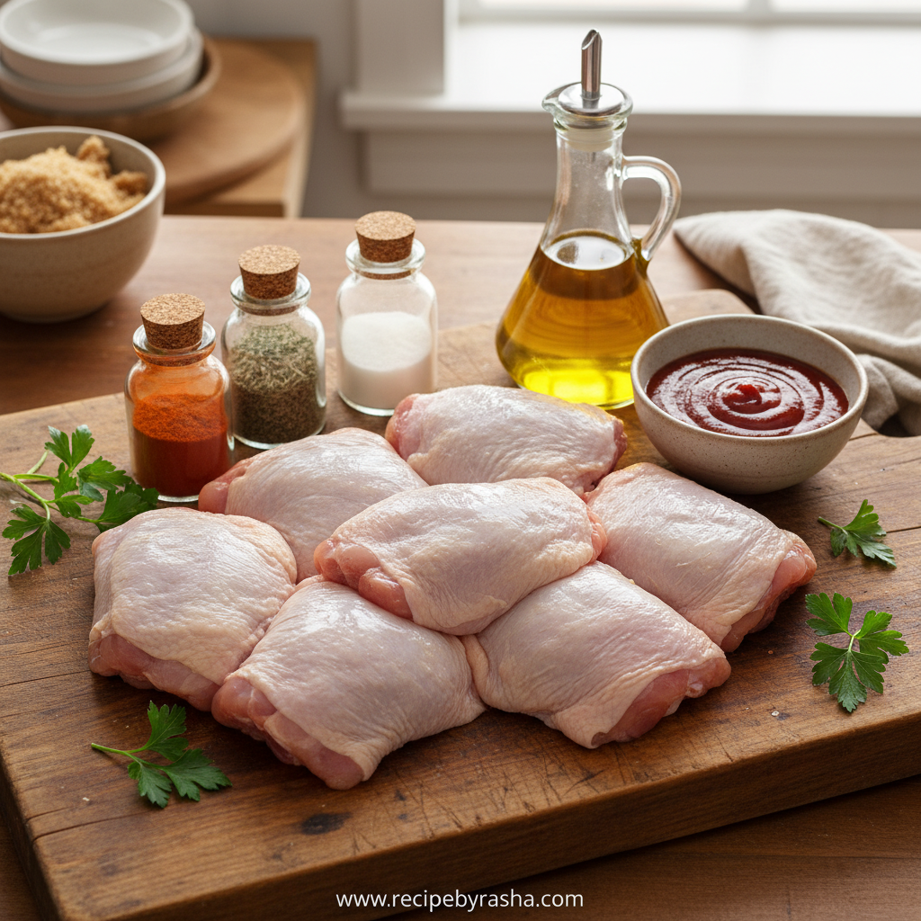 Caramelized BBQ Chicken Thighs - Quick Juicy Oven-Baked Dinner 2 Ingredients for BBQ chicken thighs including chicken, BBQ sauce, and spices