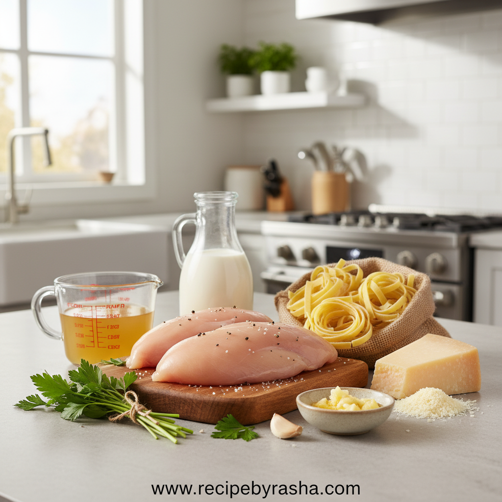 Ingredients for chicken alfredo pasta including chicken, pasta, cream, cheese, and seasonings
