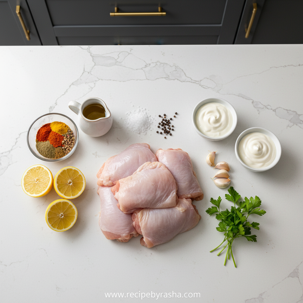 Chicken Shawarma Recipe with Garlic Sauce: Easy Middle Eastern Dinner 2 Ingredients for chicken shawarma and garlic sauce laid out on counter