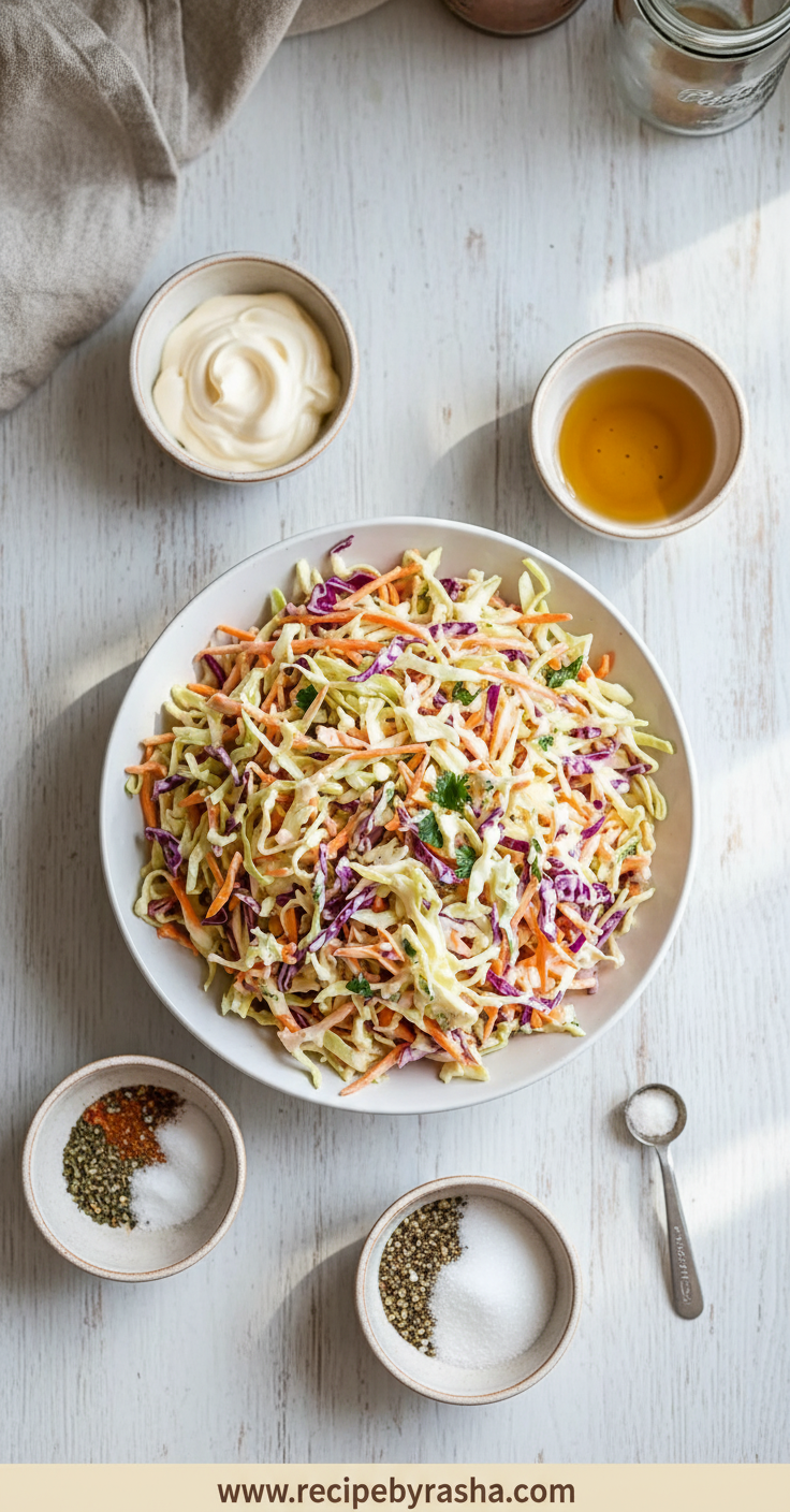 Fresh ingredients for homemade coleslaw including cabbage, carrots, and dressing components
