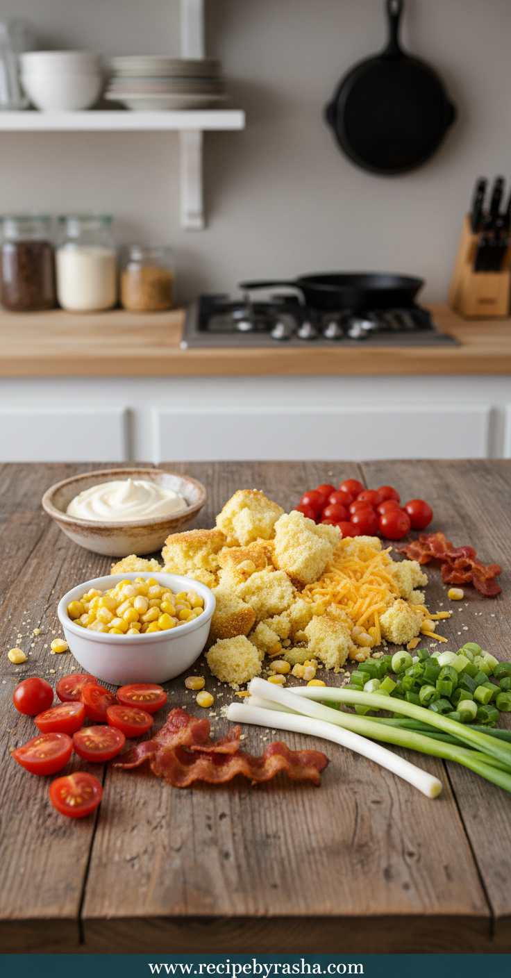 Classic Southern Cornbread Salad: Authentic Layered Side Dish Recipe 2 Ingredients for Southern cornbread salad arranged on wooden surface