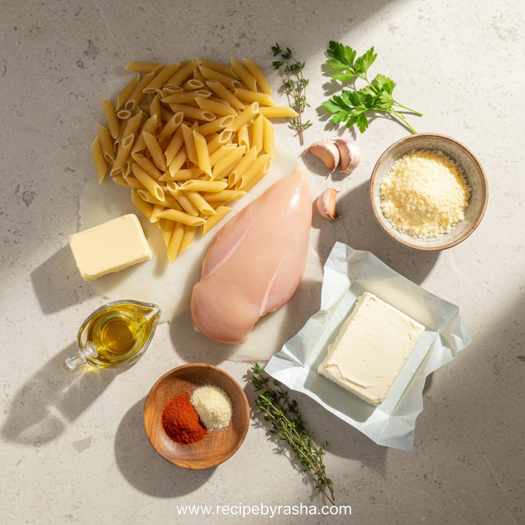 Smoky Garlic Butter Chicken Pasta: Easy One-Pan Comfort Food Dinner 2 Ingredients for garlic butter chicken pasta arranged on counter