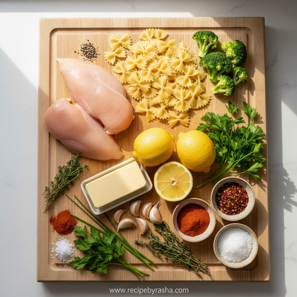 Ingredients for lemon cowboy butter chicken pasta including chicken, broccoli, bowtie pasta, lemons, and seasonings