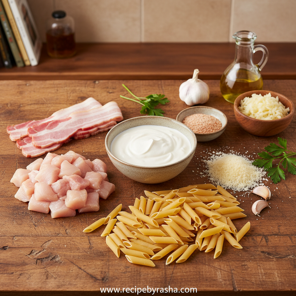 Ingredients for creamy chicken ranch pasta