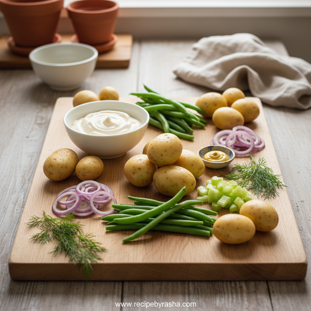 Creamy Green Bean Potato Salad: Perfect Summer Side Dish Recipe 2 Ingredients for creamy green bean potato salad including potatoes, green beans, and fresh herbs