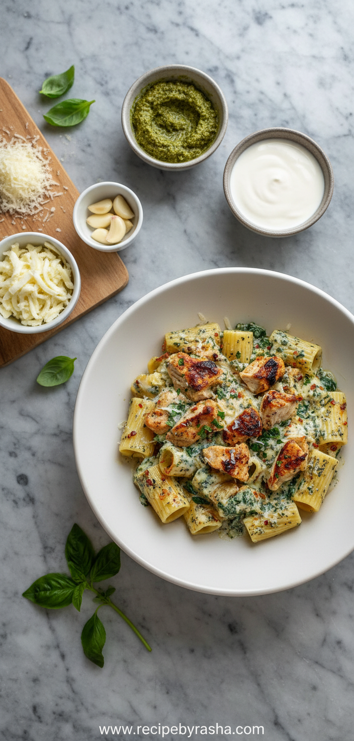 Ingredients for creamy pesto chicken pasta bake