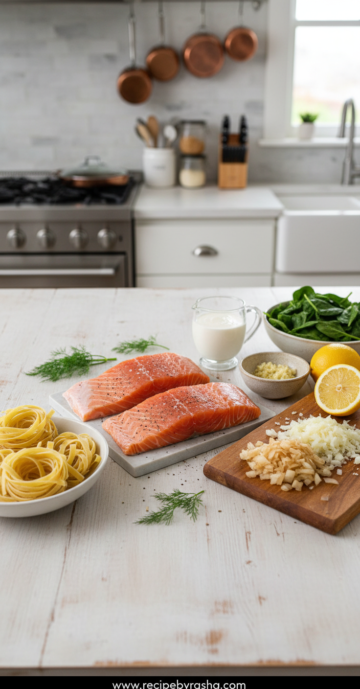 Ingredients for creamy salmon pasta recipe