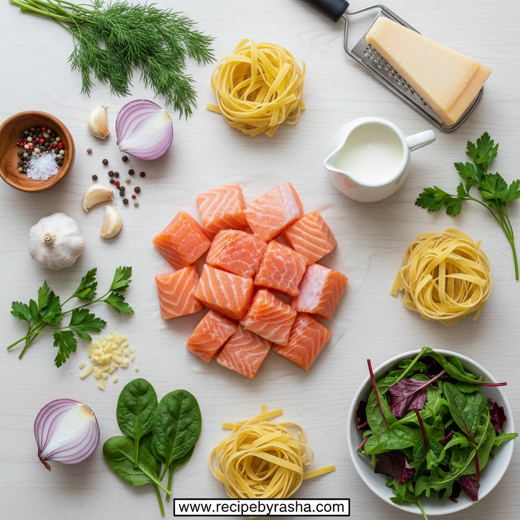 Creamy Salmon Pasta with Mixed Greens: Easy Weeknight Dinner Recipe 2 Ingredients for creamy salmon pasta including salmon, pasta, cream, garlic, and mixed greens
