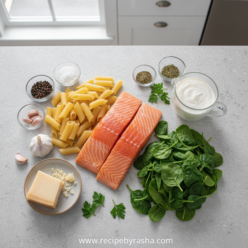 Ingredients for creamy salmon spinach pasta arranged on counter