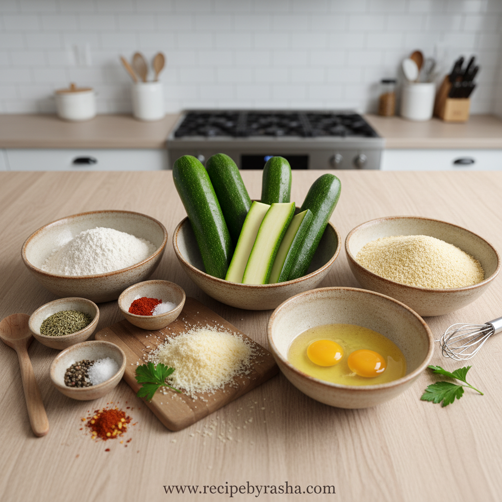 Crispy Summer Air Fryer Zucchini Fries - Easy Garden Snack Sticks Recipe 2 Fresh zucchini, breadcrumbs, eggs, and seasonings for zucchini fries