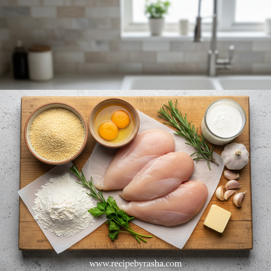 Ingredients for crispy parmesan chicken with garlic sauce arranged on counter