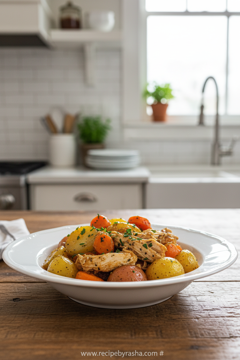 Crock Pot Garlic Butter Chicken with Potatoes and Carrots - Easy Slow Cooker Dinner 1 Crock pot garlic butter chicken with potatoes and carrots ready to serve