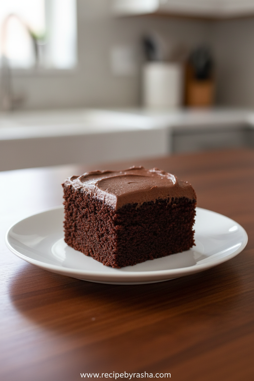 Easy chocolate sheet cake with rich fudgy frosting ready to serve