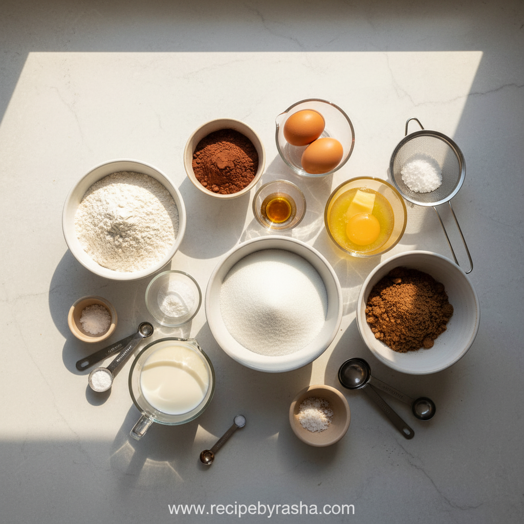 Ingredients for chocolate sheet cake laid out on counter