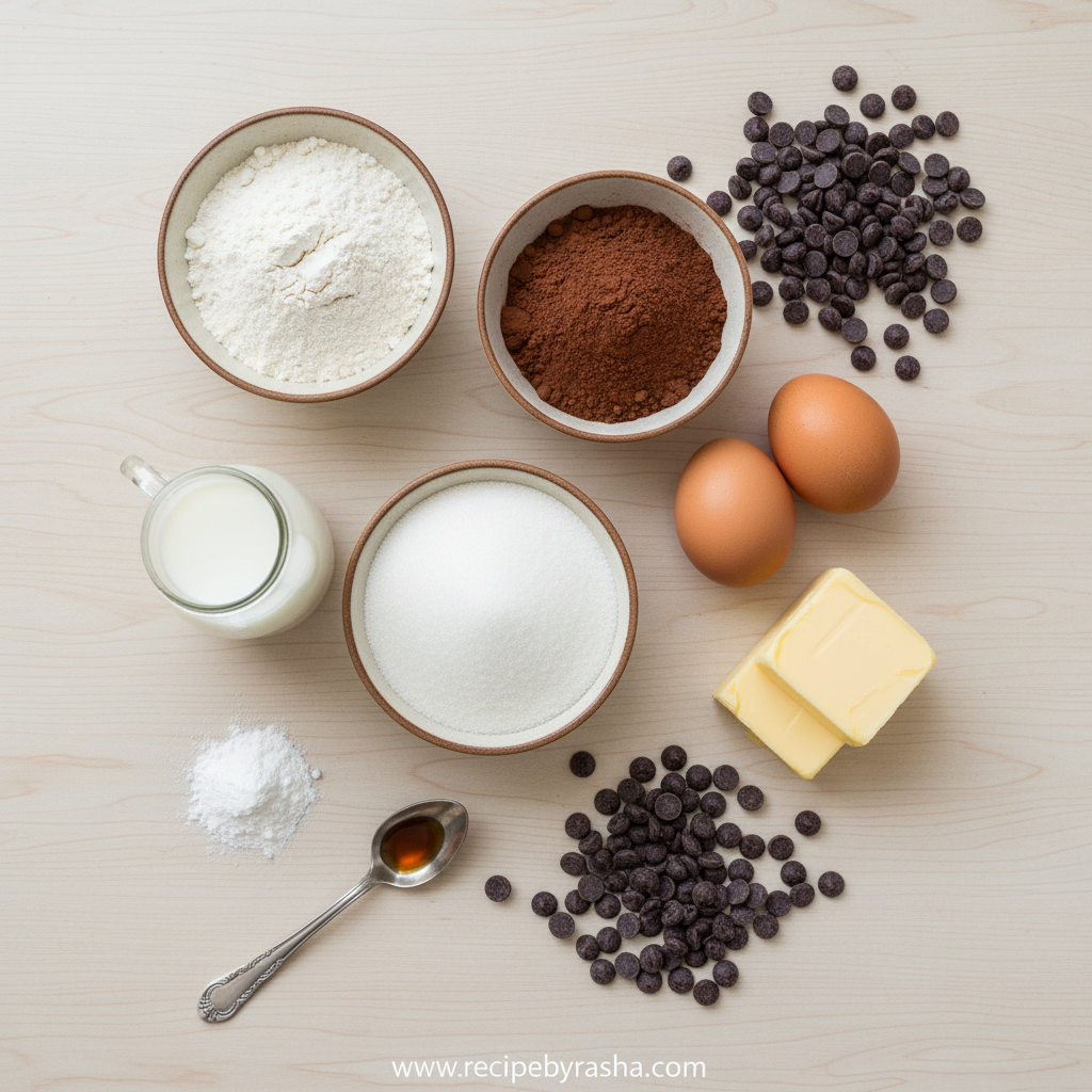 Easy Chocolate Traybake: Simple Slab Cake Recipe with Fudgy Icing 2 Ingredients for chocolate traybake including flour, cocoa powder, eggs, and sugar