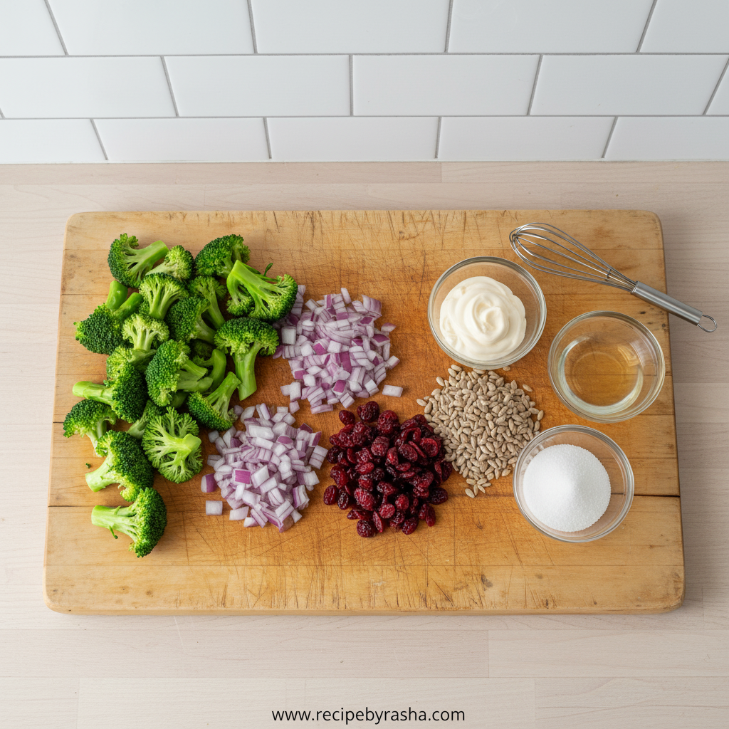 Ingredients for broccoli salad laid out on a counter