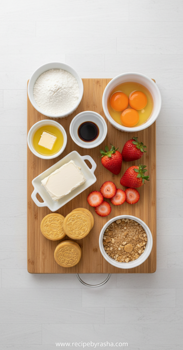 Ingredients for strawberry crunch cake including flour, sugar, strawberries, eggs, and golden cookies