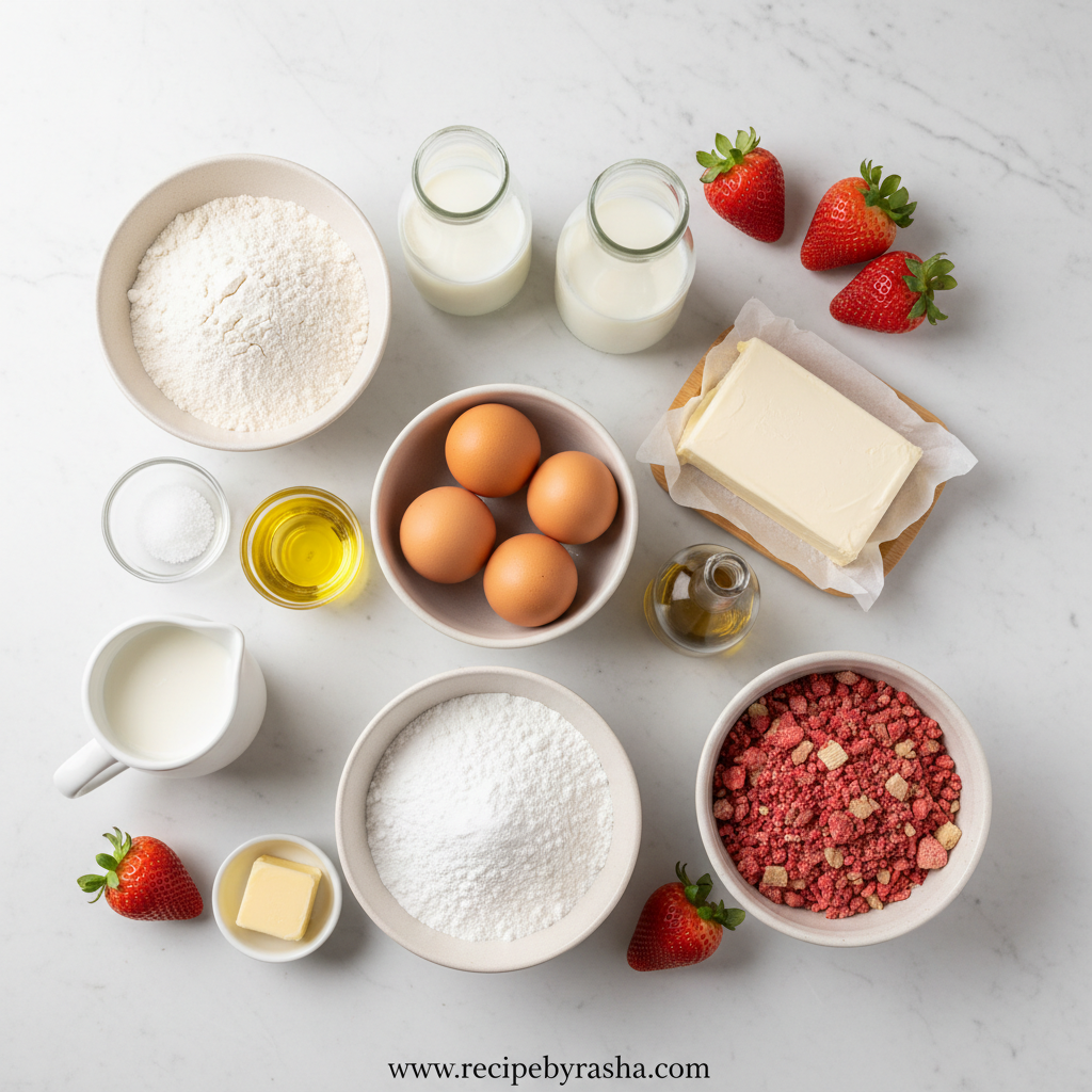 Ingredients for strawberry crunch cake including flour, sugar, strawberries, and cookies