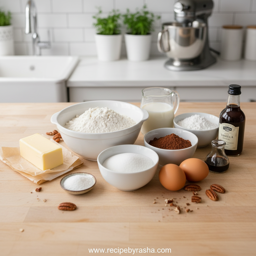 Easy Texas Sheet Cake: Simple Chocolate Dessert for Crowds 2 Ingredients for Texas sheet cake including flour, cocoa, and butter