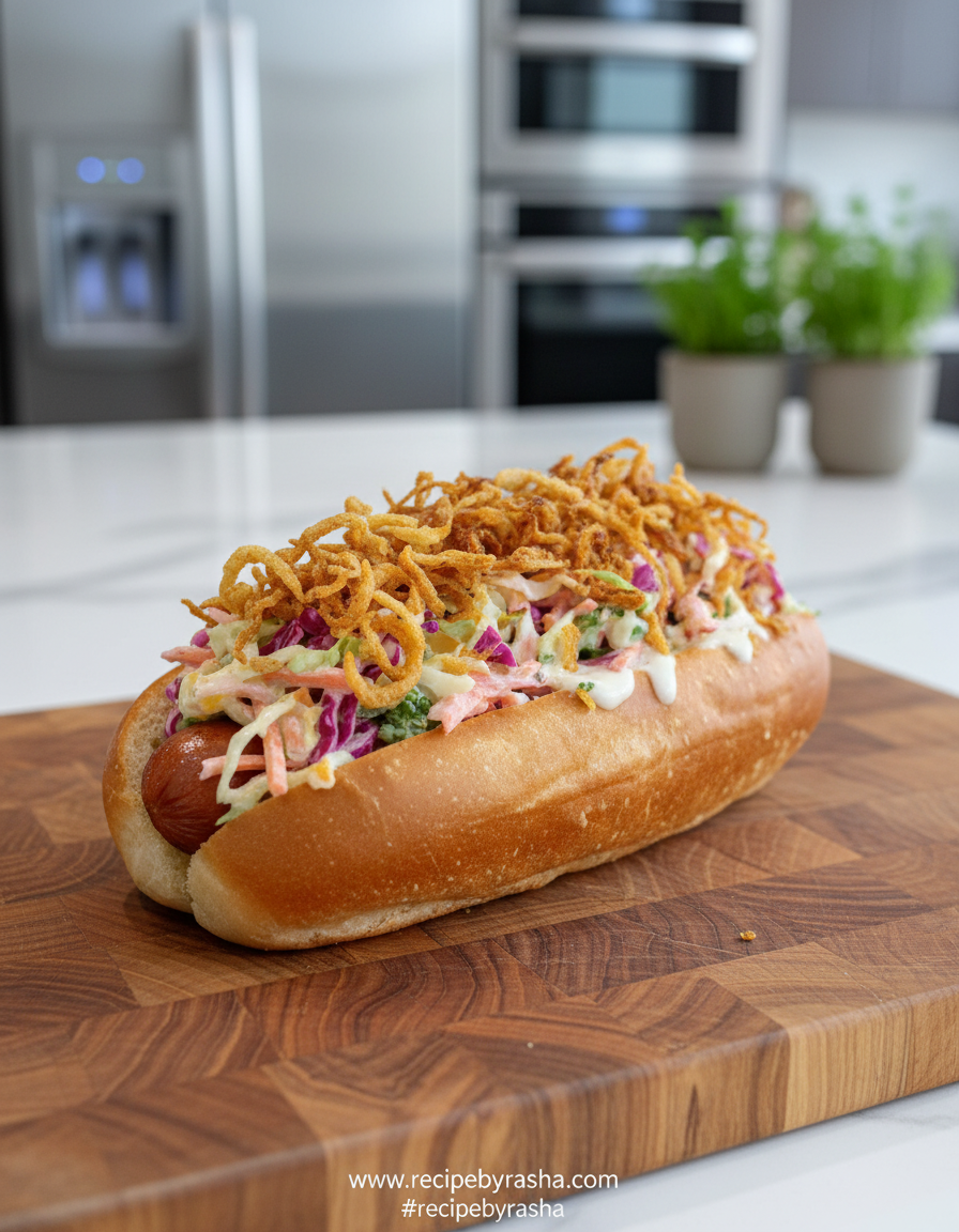 Gourmet firecracker hot dogs with spicy slaw and crispy onions on a wooden board