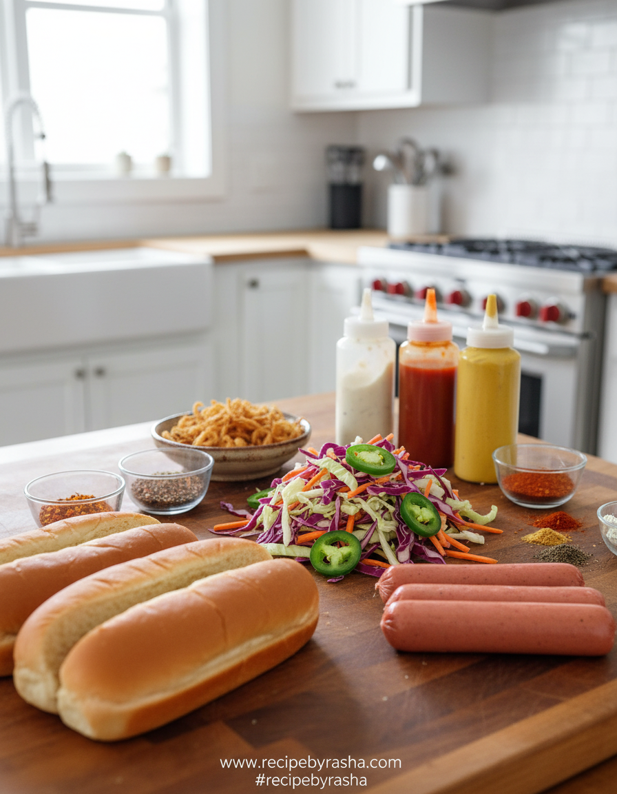 Ingredients for firecracker hot dogs including hot dogs, buns, cabbage, onions and seasonings