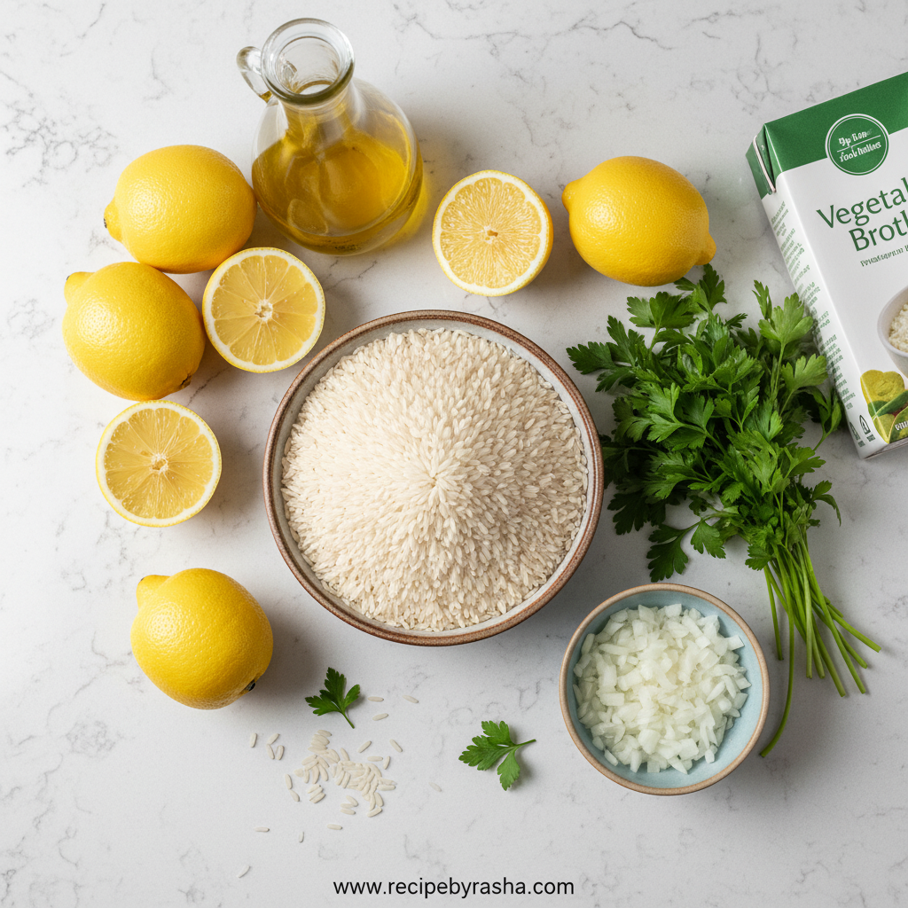 Ingredients for Greek lemon rice including rice, lemons, herbs and olive oil