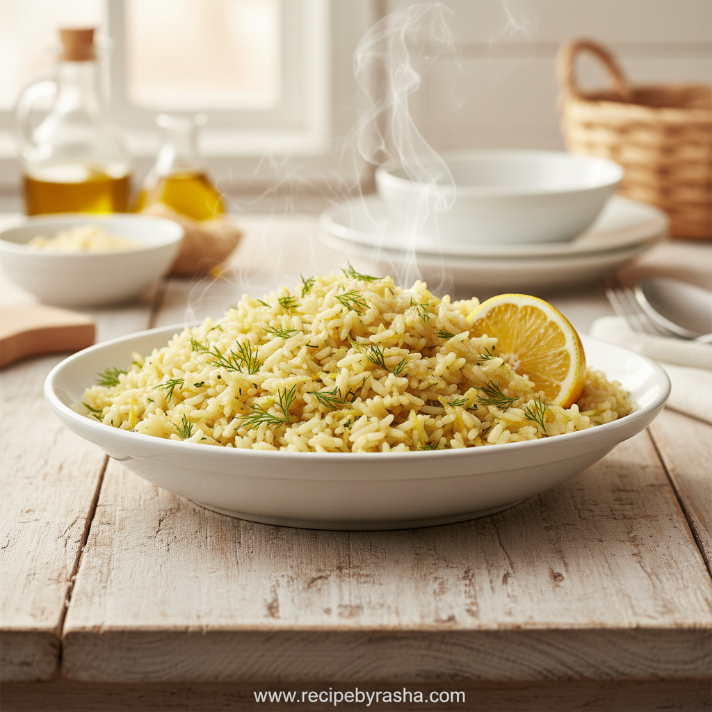 Vibrant Greek lemon rice with fresh herbs and lemon wedges