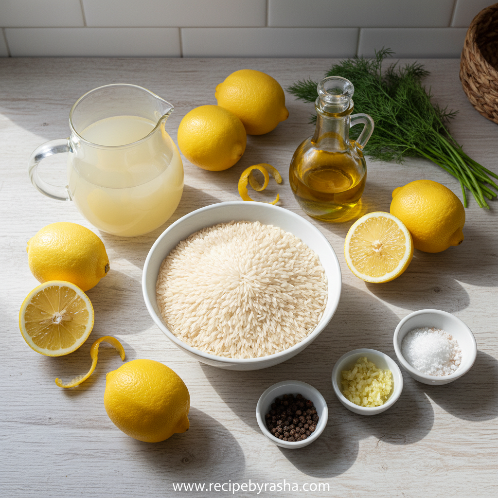 Fresh ingredients for Greek lemon rice including lemons, rice, and herbs