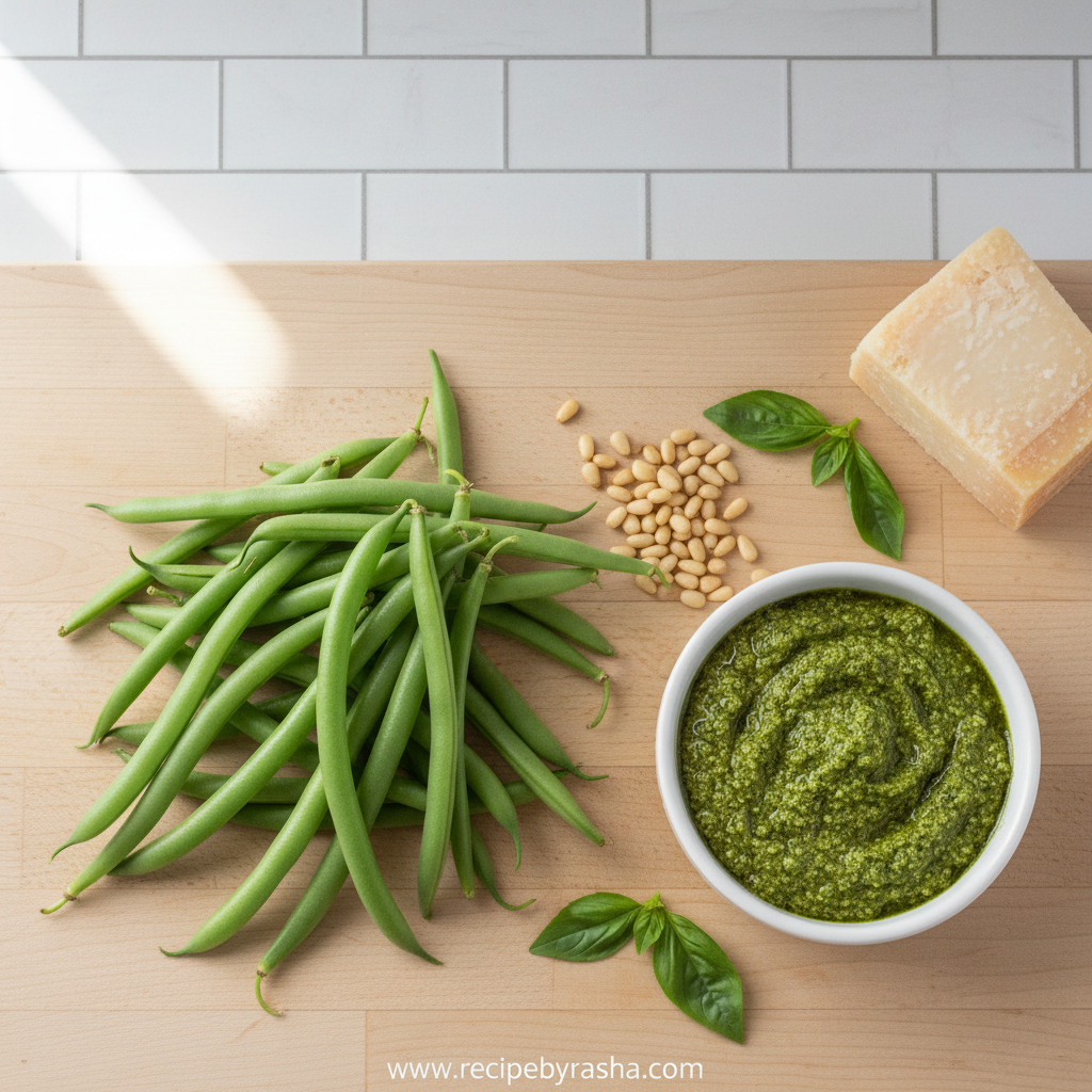 Fresh green beans, basil leaves, pine nuts, parmesan cheese, and olive oil ingredients for pesto green beans