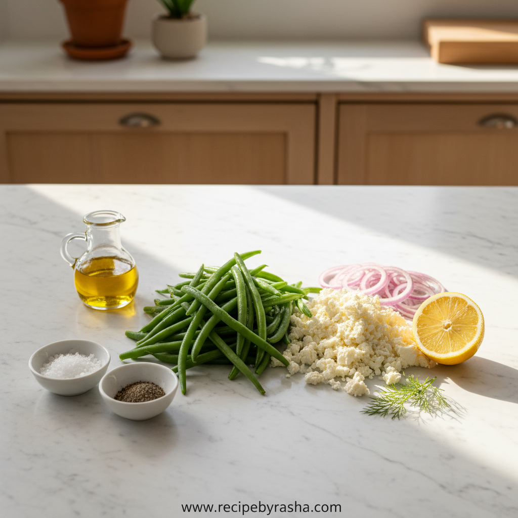 Fresh Green Bean Feta Salad: Easy 5-Step Healthy Side Dish 2 Ingredients for green bean feta salad arranged on wooden surface