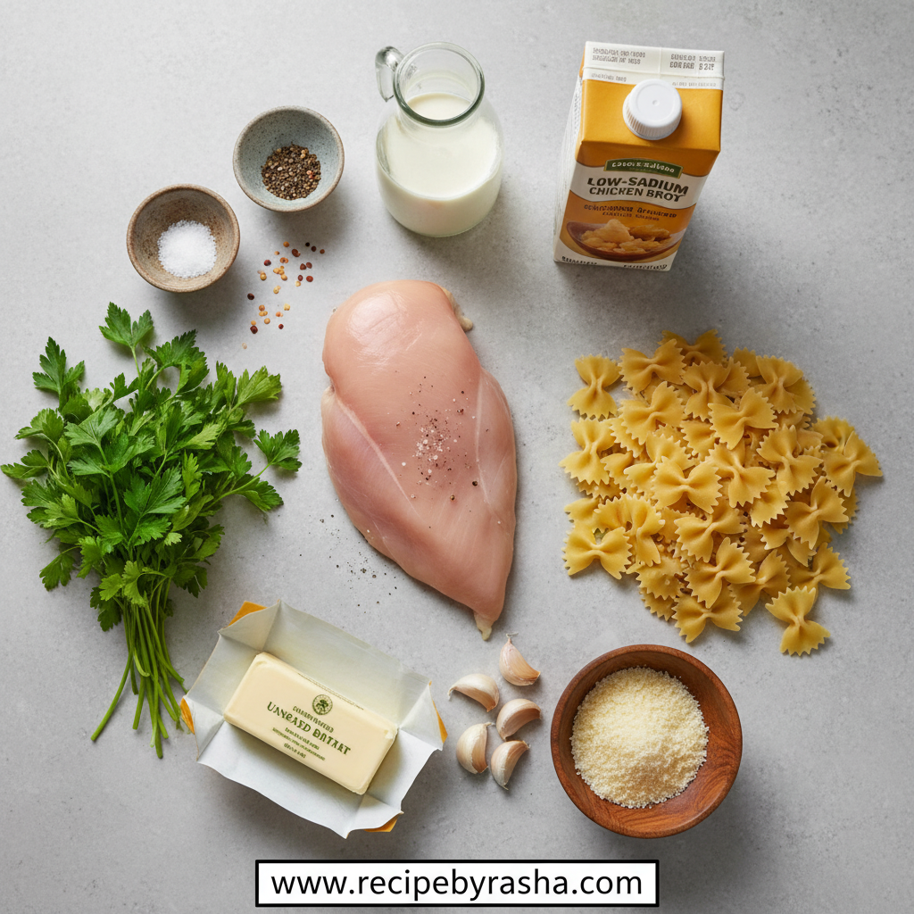 Ingredients for garlic butter chicken pasta including chicken breast, bowtie pasta, butter, garlic, and seasonings