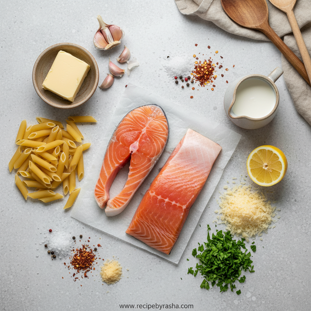 Ingredients for garlic butter salmon pasta arranged beautifully
