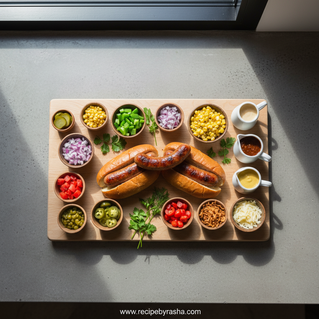 Ingredients for gourmet hot dog toppings including vegetables, sauces, and seasonings