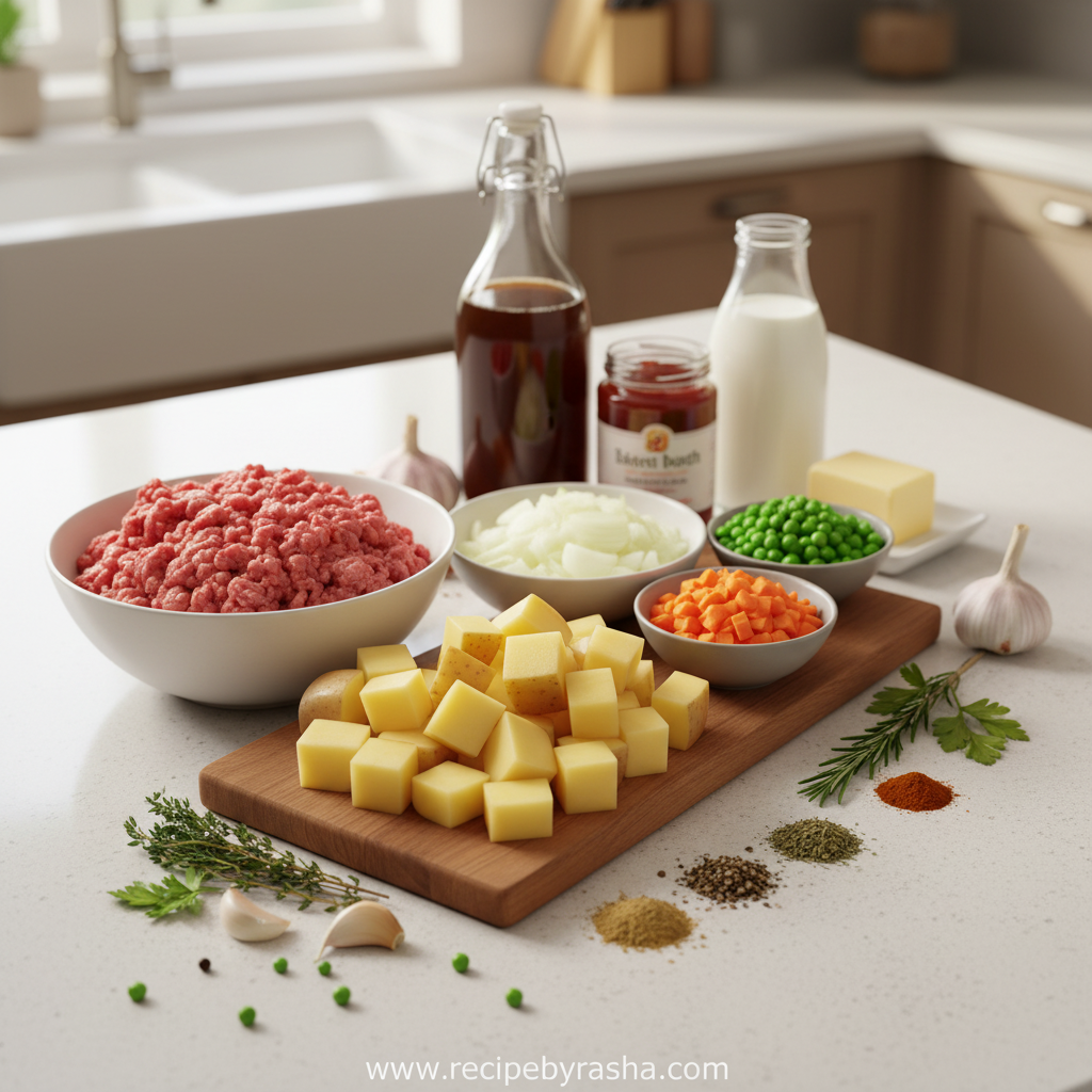 Ingredients for ground beef potato pie
