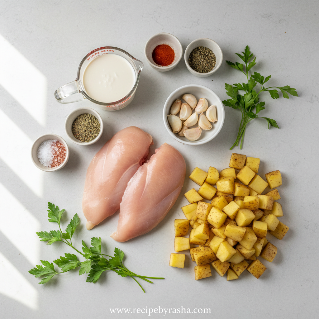 High Protein Creamy Garlic Chicken with Crispy Roasted Potatoes 2 Ingredients for creamy garlic chicken and crispy potatoes