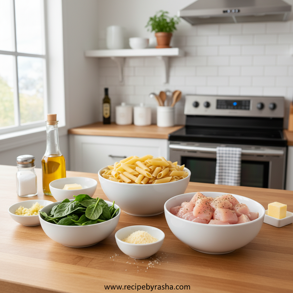 Ingredients for homemade chicken pasta including flour, eggs, chicken, and vegetables