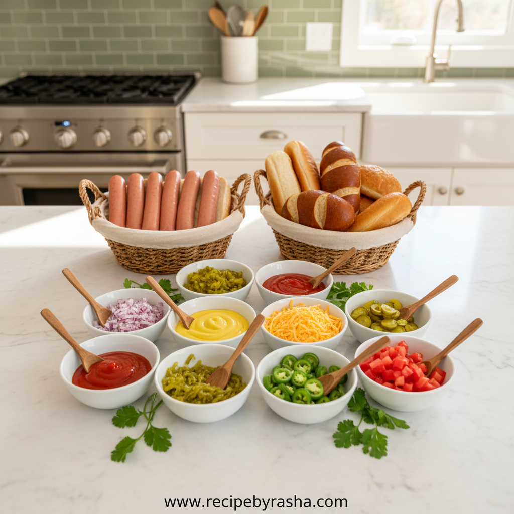 Ultimate Summer DIY Hot Dog Bar: Easy Party Food Ideas for Outdoor Gatherings 2 Assorted hot dog bar ingredients and toppings